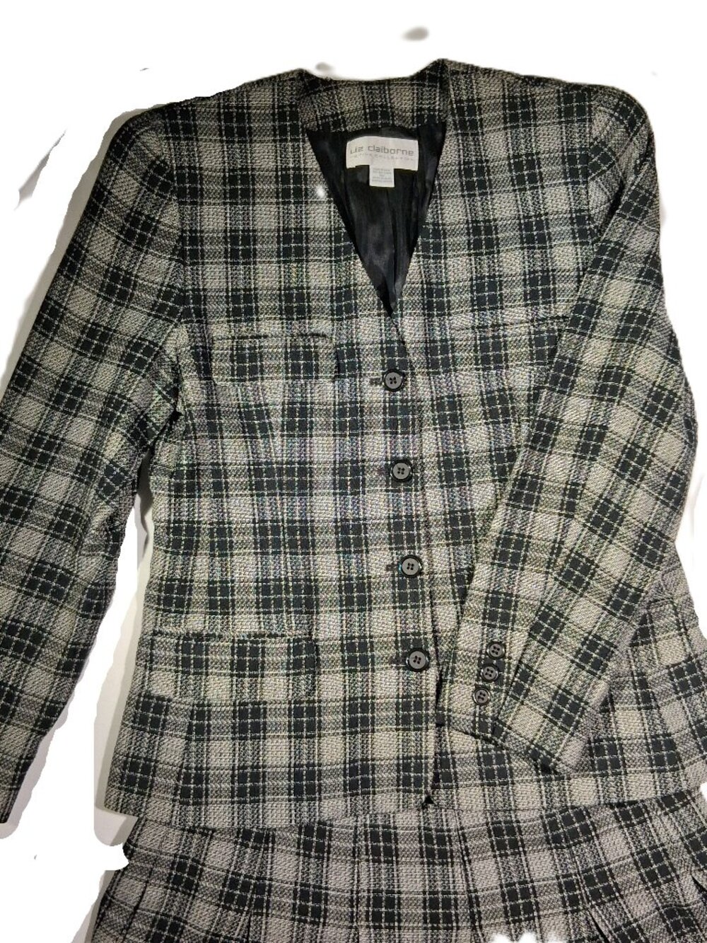 Liz Claiborne Vintage 80's Preppy/Power Suit Skirt Set Black Plaid Wool blend